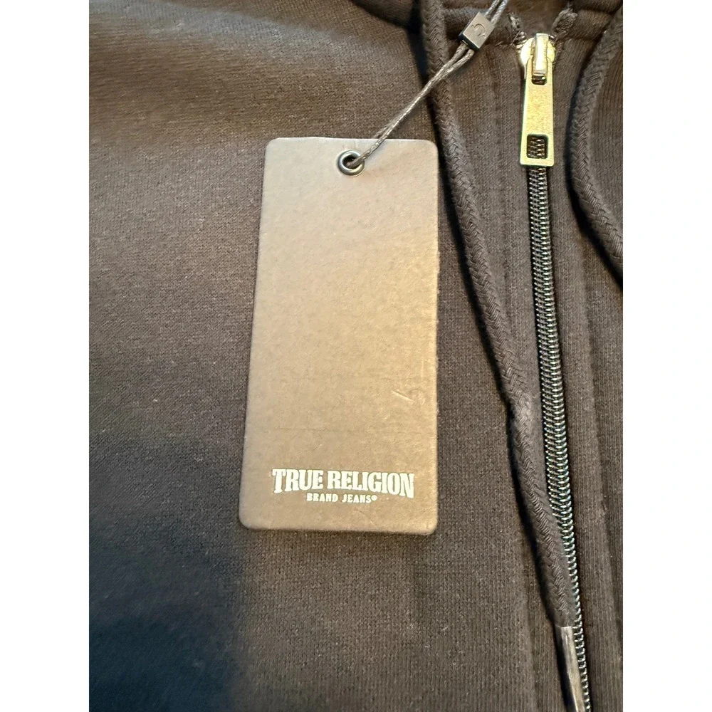 True Religion Mens College HS Zip Hoodie Jet Black Distressed Logo 700926 XL